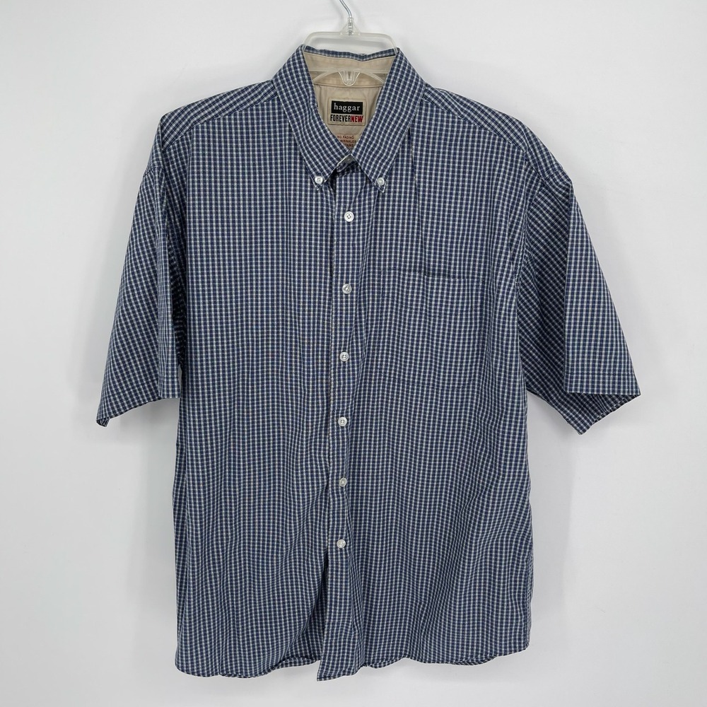 Haggar Men's Blue Plaid ForeverNew Pocket Short Sleeve Button Down Shirt‎ Size L
